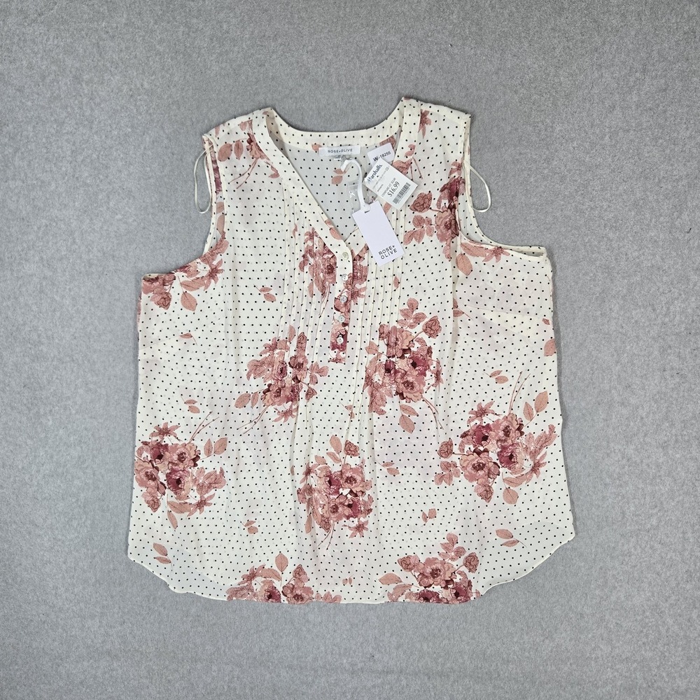 ROSE + OLIVE Women Blouse 2X Cream Floral Button Scoop Neck Front NWT